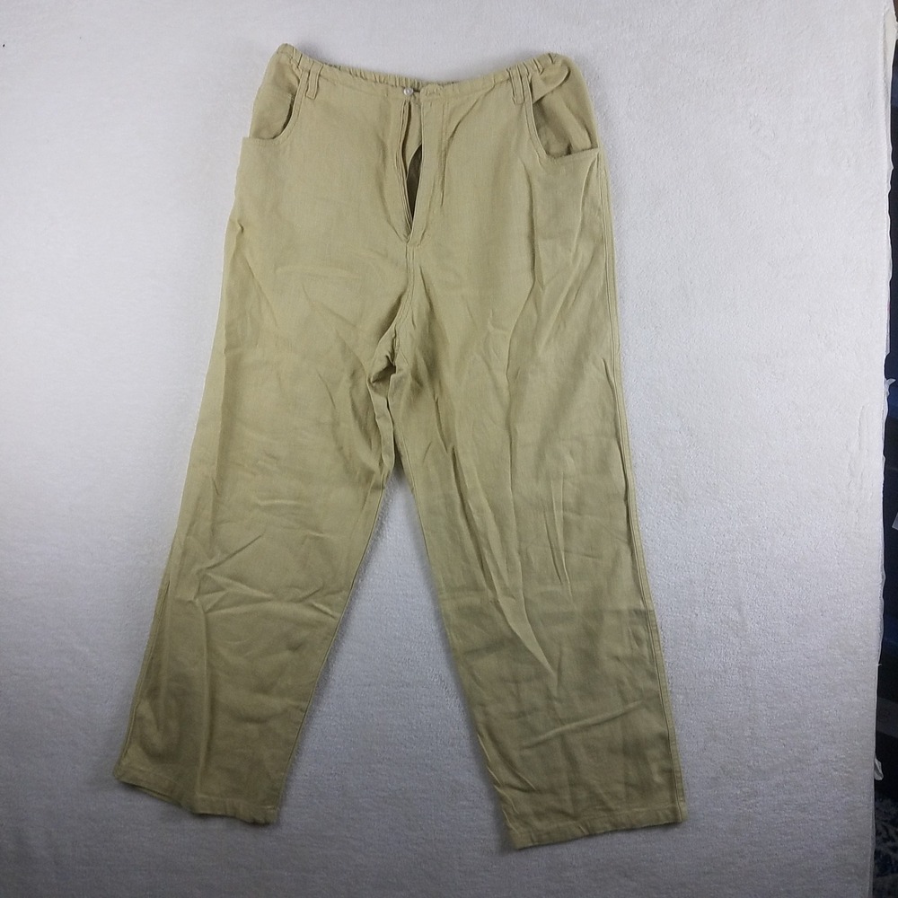 Chicos Design Linen Rayon Blend Straight Leg Pants Beige Tan Elastic Waist 2